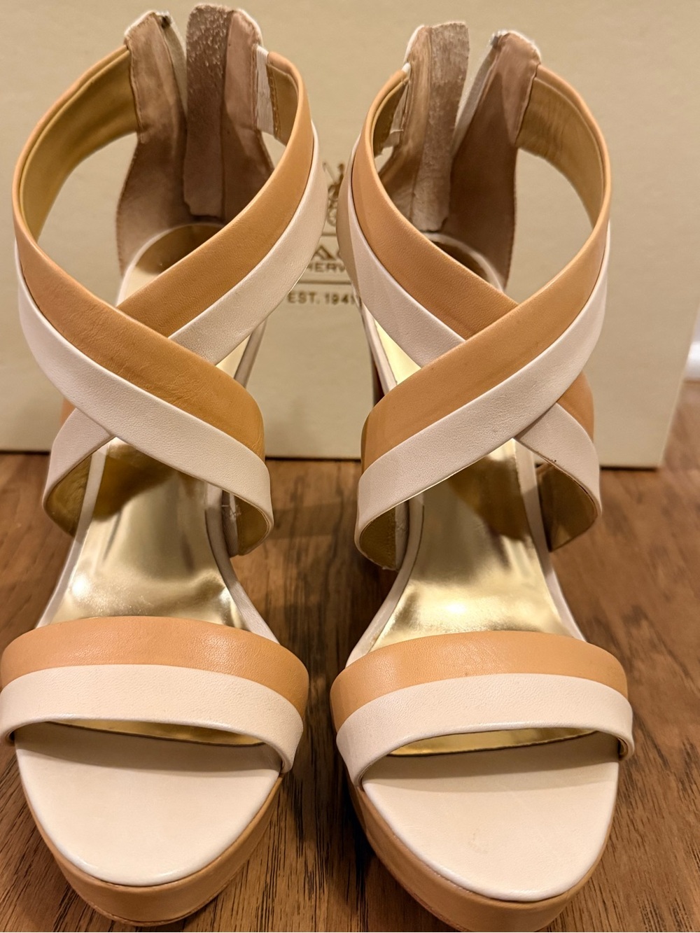 Coach Leather Crisscross Platform Sandals — Beige & Tan